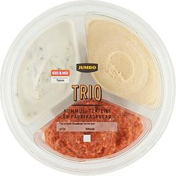 Foto van 3 voor € 6,00 | jumbo spread trio houmous, tzatziki en zoete paprika 210g aanbieding bij jumbo