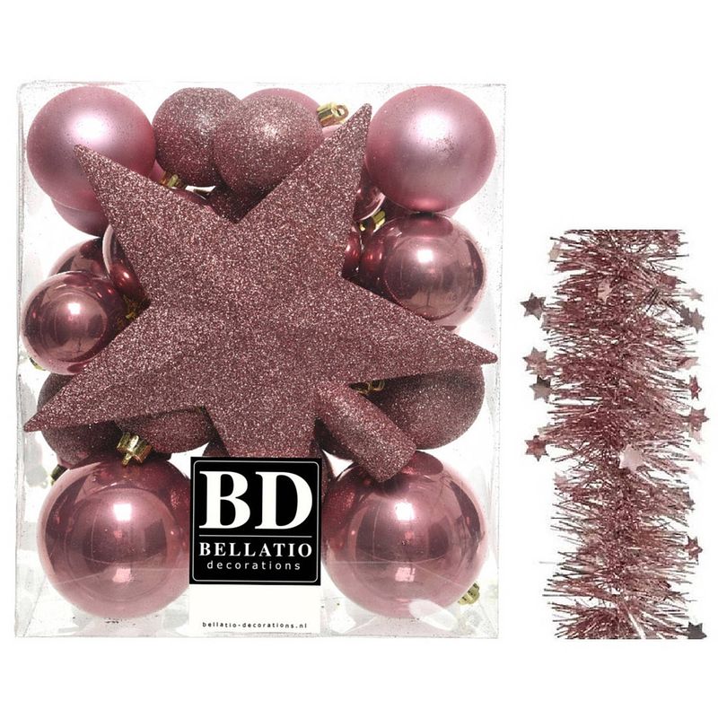 Foto van Kerstversiering kerstballen 5-6-8 cm met ster piek en sterren slingers pakket oud roze van 35x stuks - kerstbal