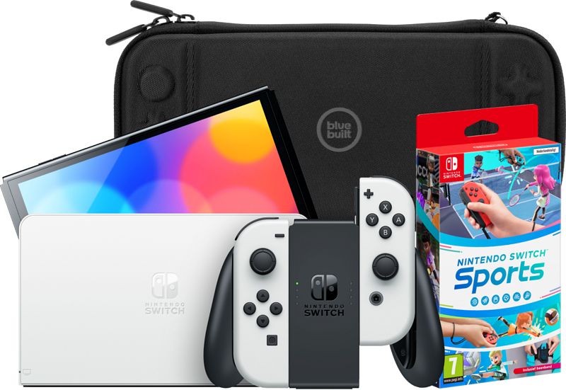 Foto van Nintendo switch oled wit + nintendo switch sports + bluebuilt travel case