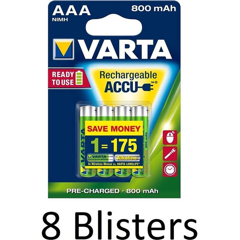 Foto van 32 stuks (8 blisters a 4 st) varta aaa oplaadbare batterijen - 800mah