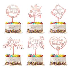 Foto van Fissaly® 6 stuks rosé gouden happy birthday taarttopper & caketopper set - taartversiering - decoratie topper