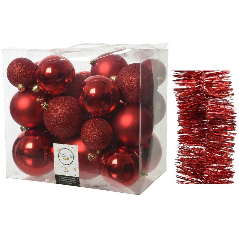 Foto van Kerstversiering kunststof kerstballen 6-8-10 cm met folieslingers pakket rood van 28x stuks - kerstbal