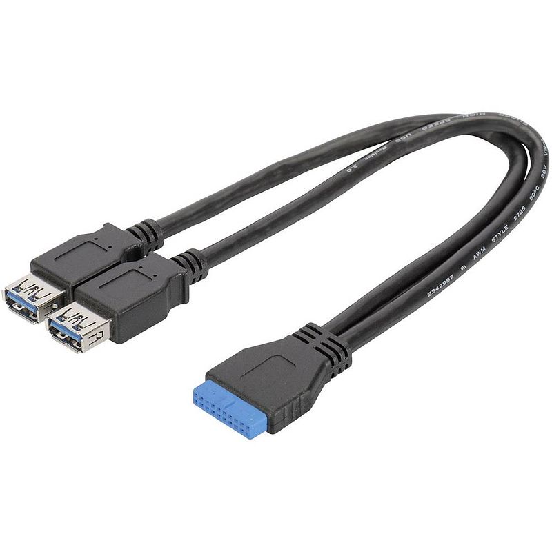 Foto van Digitus usb-kabel usb 3.2 gen1 (usb 3.0 / usb 3.1 gen1) shrouded header 19-polig, usb-a bus 30.00 cm zwart rond, afgeschermd (dubbel) db-300300-003-s