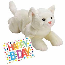 Foto van Pluche knuffel witte kat/poes 33 met a5-size happy birthday wenskaart - knuffel huisdieren