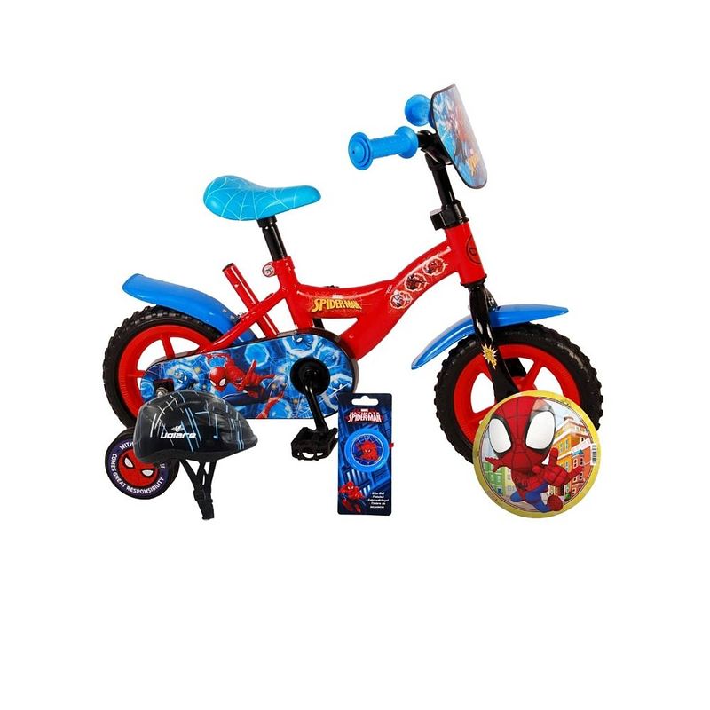 Foto van Volare kinderfiets spider-man - 10 inch - doortrapper - inclusief fietshelm en accessoires