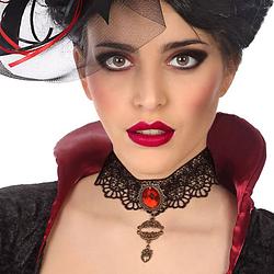 Foto van Atosa verkleed sieraden ketting met edelsteen - zwart/rood - dames - kunststof - heks/vampier - verkleedketting