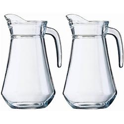Foto van 2x glazen water karaffen/waterkannen 1.3 liter - karaffen