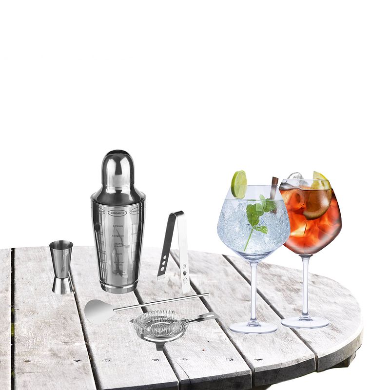 Foto van Cocktailshaker set rvs 5-delig inclusief 4x gin tonic glazen 730 ml - cocktailshakers