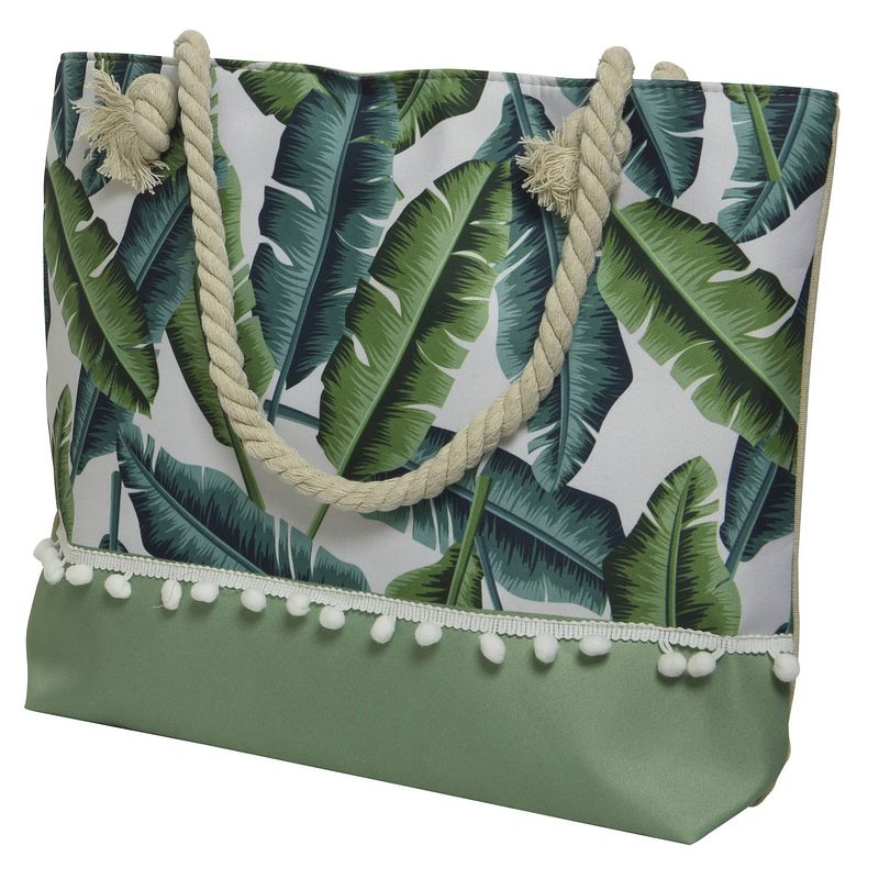 Foto van Strandtas met handvat groen met bladeren polyester 45 x 35 cm - strandtassen