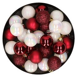 Foto van 28x stuks kunststof kerstballen parelmoer wit en donkerrood mix 3 cm - kerstbal