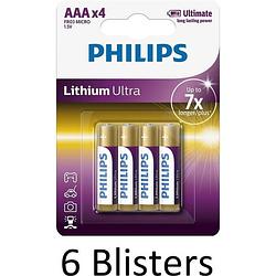 Foto van 24 stuks (6 blisters a 4 st) philips aaa lithium ultra batterijen