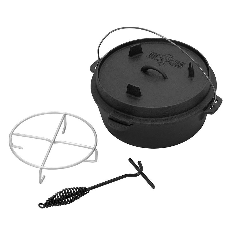 Foto van Dutch oven set bbq 7.3l zwart gietijzer met dekselheffer en onderzetter bbq#boss