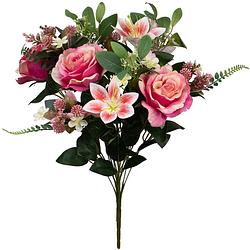 Foto van Louis maes kunstbloemen boeket rozen/lelie met bladgroen - roze - h50 cm - bloemstuk - kunstbloemen
