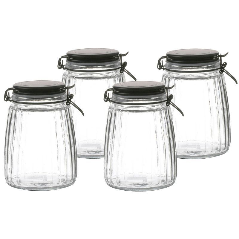 Foto van Urban living voorraadpot/bewaarpot - 4x - 1,5l - glas - met beugelsluiting - mat zwarte deksel - voorraadpot