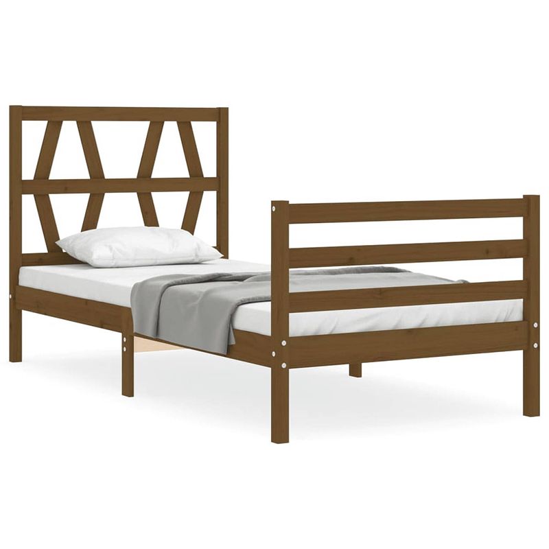 Foto van The living store bedframe grenenhout - 205.5 x 105 x 100 cm - multiplex lattenbodem - honingbruin