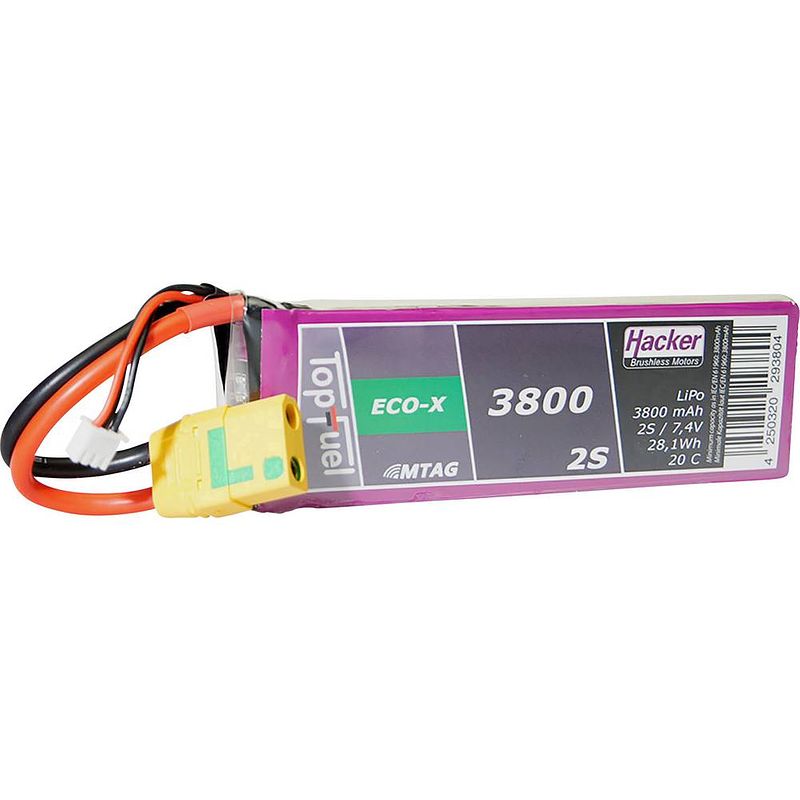 Foto van Hacker lipo accupack 7.4 v 3800 mah aantal cellen: 2 20 c softcase xt90-s