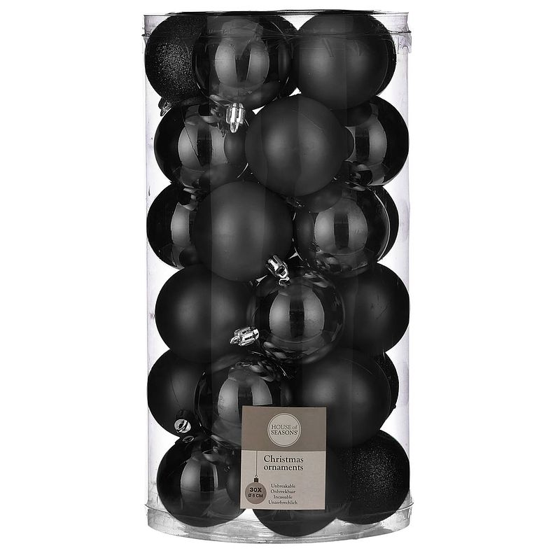 Foto van 30x stuks kunststof kerstballen zwart 6 cm - kerstbal
