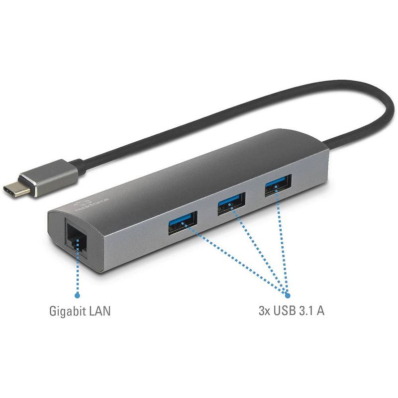 Foto van Renkforce 3 + 1 poorten usb 3.2 gen 2-hub met ingebouwde netwerkaansluiting, met aluminium behuizing zilver