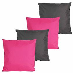 Foto van Bank/tuin kussens set - voor binnen/buiten - 4x stuks - fuchsia roze/antraciet grijs - 45 x 45 cm - sierkussens