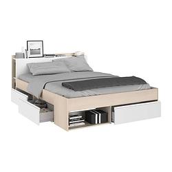 Foto van Must modern bed voor volwassenen met lades - acaciahout en wit decor - l 140 x l 190/200 cm
