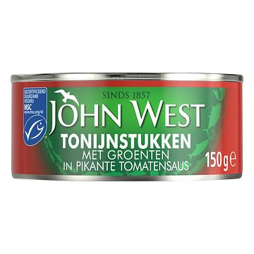 Foto van John west tonijnstukken met groenten in pikante tomatensaus msc 150 gram bij jumbo