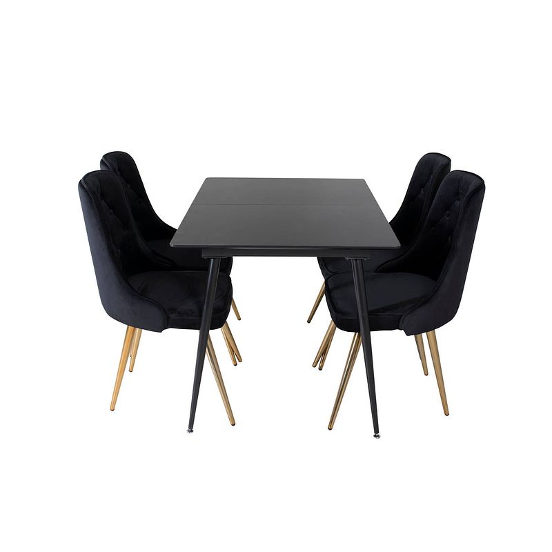 Foto van Silarblext eethoek eetkamertafel uitschuifbare tafel lengte cm 120 / 160 zwart en 4 velvet deluxe eetkamerstal velours