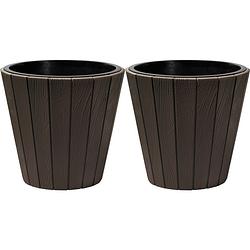 Foto van Prosperplast plantenpot/bloempot wood style - 2x - buiten/binnen - kunststof - donkerbruin - d49 x h45 cm - plantenpotte