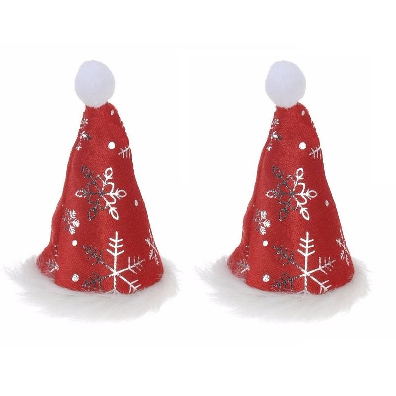 Foto van 2x stuks kleine kerstmutsjes met sneeuwvlokken op clip - kerstmutsen
