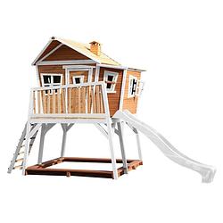 Foto van Axi max speelhuis op palen, zandbak & witte glijbaan speelhuisje voor de tuin / buiten in bruin & wit van fsc hout