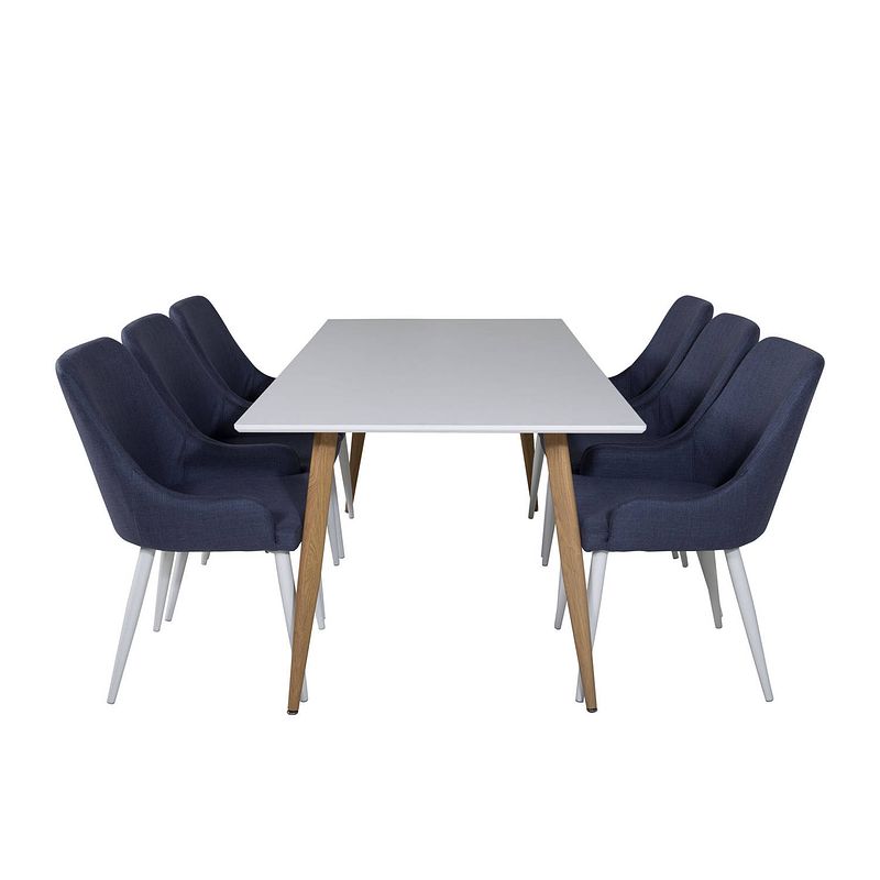 Foto van Polar180x90whna eethoek eetkamertafel wit en 6 plaza eetkamerstal blauw, wit.