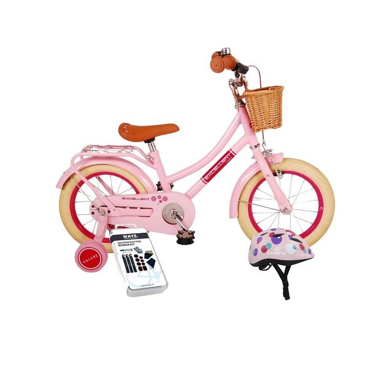 Foto van Volare kinderfiets excellent - 14 inch - roze - inclusief fietshelm & accessoires