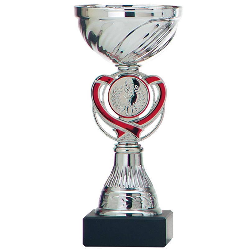 Foto van Luxe trofee/prijs beker - zilver - rood hart - metaal - 15 x 7 cm - fopartikelen