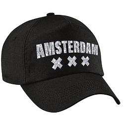 Foto van Amsterdam pet / cap zwart met zilveren letters voor dames en heren - verkleedhoofddeksels