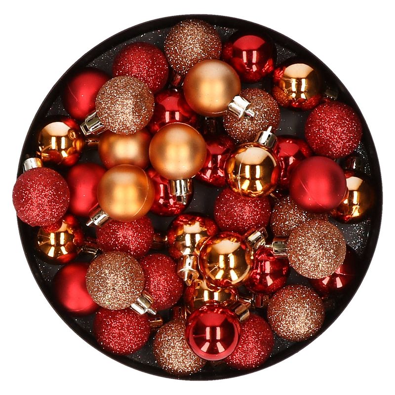 Foto van Kleine kunststof kerstversiering 40x stuks set en 3 cm kerstballen in het koper en rood - kerstbal