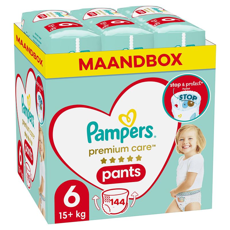 Foto van Pampers - premium care pants - maat 6 - maandbox - 144 stuks - 15+kg