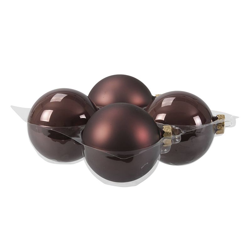 Foto van 4x stuks glazen kerstballen donkerbruin (chestnut) 10 cm mat/glans - kerstbal