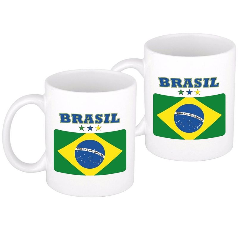 Foto van 2x stuks mok braziliaanse vlag 300 ml - feest mokken