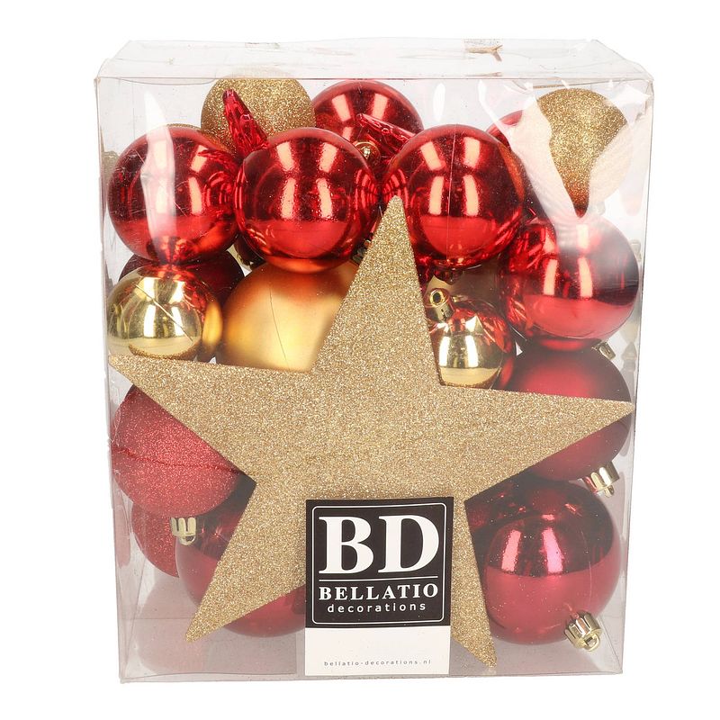 Foto van Bellatio decorations set 33x stuks kunststof kerstballen met ster piek rood en goud - kerstbal