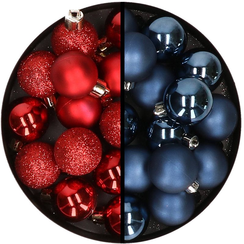 Foto van 36x stuks kunststof kerstballen rood en donkerblauw 3 en 4 cm - kerstbal