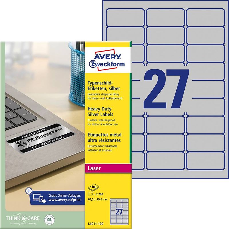 Foto van Avery-zweckform l6011-100 etiketten 63.5 x 29.6 mm polyester folie zilver 2700 stuk(s) permanent etiketten voor typeplaatjes laser, kopie