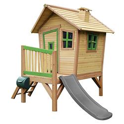Foto van Axi robin speelhuis op palen & grijze glijbaan speelhuisje voor de tuin / buiten in bruin & groen van fsc hout