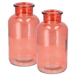 Foto van Dk design bloemenvaas melkbus fles - 2x - helder glas koraalroze - d10 x h20 cm - vazen