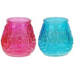 Foto van Set van 2x windlichten geurkaarsen citronella anti muggen roze en blauw glas - geurkaarsen