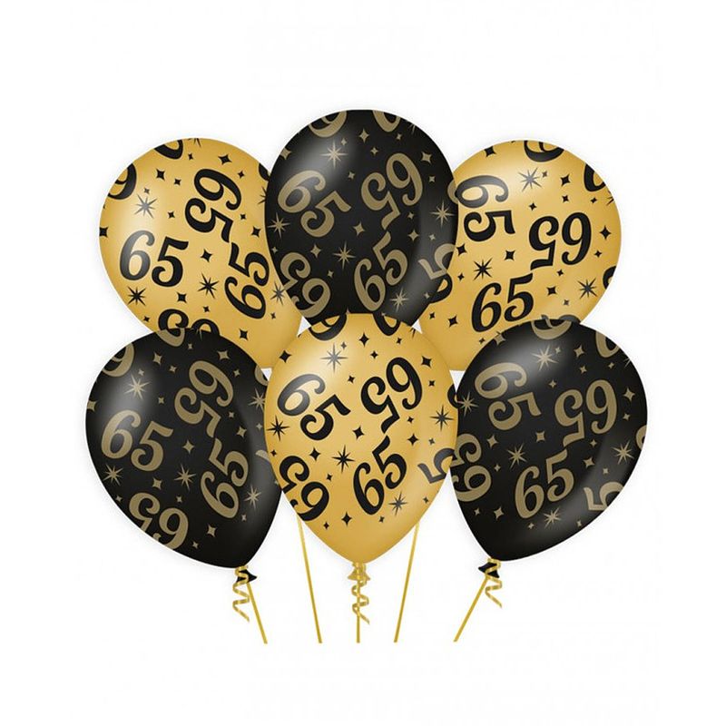 Foto van 6x stuks leeftijd verjaardag feest ballonnen 65 jaar geworden zwart/goud 30 cm - ballonnen