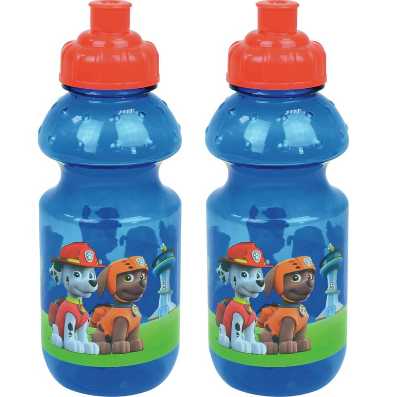 Foto van 2x stuks kunststof bidon pop-up drinkbeker paw patrol 350 ml - schoolbekers