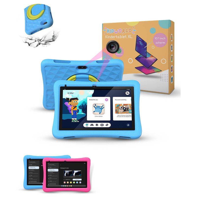 Foto van Kidworld kindertablet blauw 4gb ram + 64gb geheugen extra groot 10 inch beeldscherm android 13 tablet kinderen