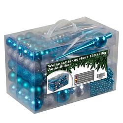 Foto van Kunststof kerstballen set 130 ballen piek en parelsnoer - blauw/zilver