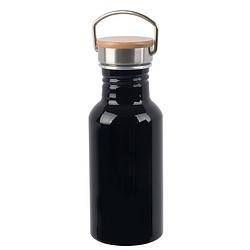 Foto van Aluminium waterfles/drinkfles zwart met bamboe schroefdop 550 ml - drinkflessen