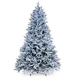 Foto van Snowy hamilton kunstkerstboom - 213 cm - groen - ø 140 cm - 3.929 tips - 600 ledlampjes - besneeuwd - metalen voet