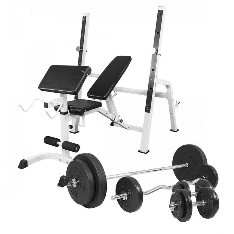 Foto van Gorilla sports halterbank met squat rack + 100 kg set - halterstang met gewichten